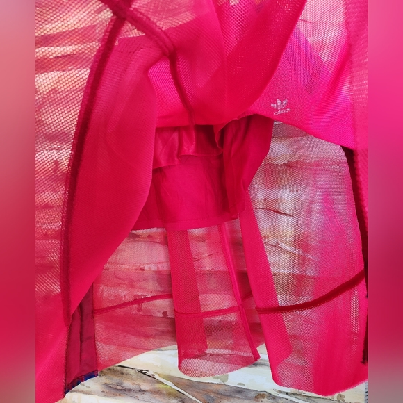 ADIDAS Pink Sheer Tulle Overlay Mesh 3 Blue Stripes Floral Embroidery Skirt EC S - Picture 4 of 16